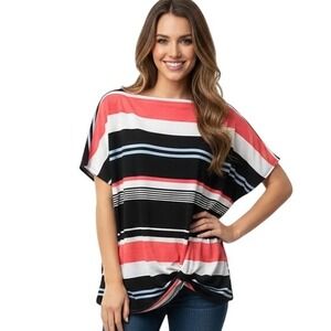 MTS Multicolor Striped Knot Front Short Sleeve Blouse Tunic Stretch Knit Size M‎